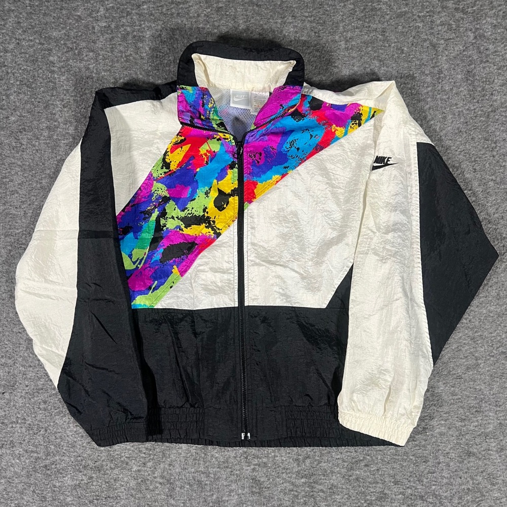 Vintage 90s Nike Windbreaker Jacket Multi Color Abstract Splatter White Black Sm